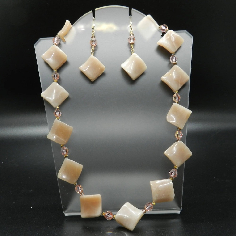 Peach Aventurine Necklace and Earrings Set, Square Stone Jewelry